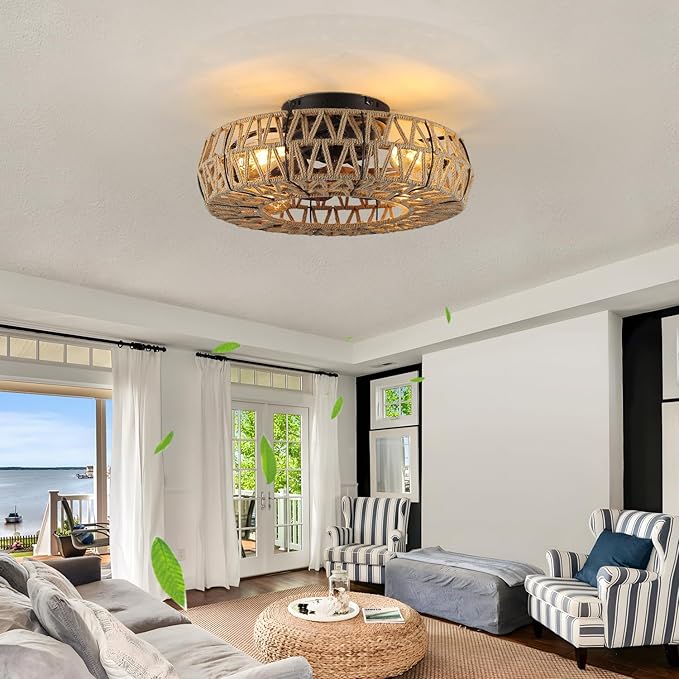 20 Inch Boho Caged Bladeless Ceiling Fan with Light,Flush Mount Rattan Fandelier Ceiling Fans Lights and Remote Contro,Enclosed 6 Speeds Low Profile Farmhouse Fan Light for Bedroom,Kitchen,Living Room