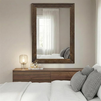 Wood Framed Mirrors for Wall, Brown Bathroom Vanity Mirror for Over Sink 26 x 38, Rustic Wall Mirror for Bathroom Sink Hallway Entryway Bedroom Living Room Farmhouse Boho Style