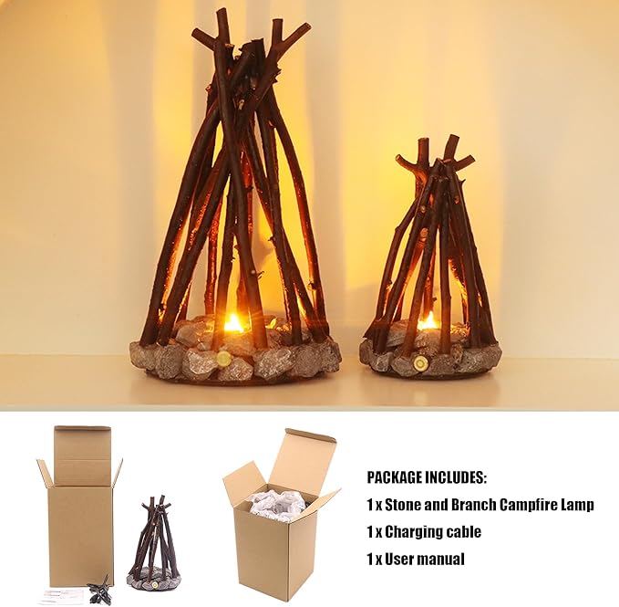LED Campfire Light with Flame Sound - USB Rechargeable, 3 Modes, Realistic Flame & Stone Design, Creative Handcrafted Ambient Night Light for Holidays & Home Decor (L)