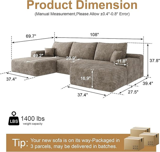 108" Sectional Couches for Living Room Cloud Couch Sofa with L-Shape Upholstered Boneless Couchs Modern Modular Sectional Couch with Chaise (Camel, 108" Left Facing Chaise+2Seaters+1Ottoman)