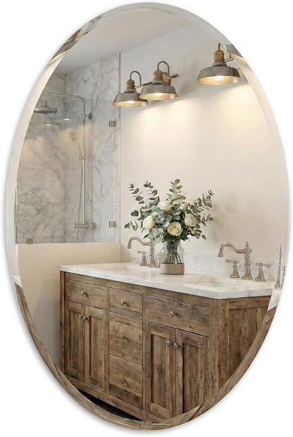 20x28 Inch Oval Frameless Bathroom Mirror with Solid Backing, Beveled Vanity Wall Mirror for Over Sink, Modern Mirror for Powder Room, Entryway