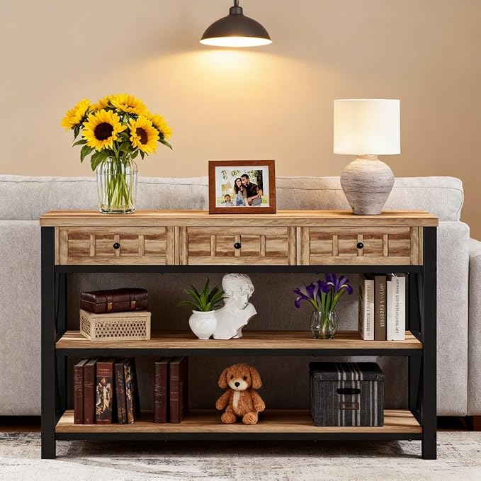 FATORRI Console Table for Entryway, Rustic Sofa Table with 3 Drawers for Living Room, Farmhouse Hallway Tables with Storage and Couch Tables Behind Sofa (54.72 Inch Long, Rustic Oak)
