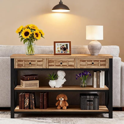 FATORRI Console Table for Entryway, Rustic Sofa Table with 3 Drawers for Living Room, Farmhouse Hallway Tables with Storage and Couch Tables Behind Sofa (54.72 Inch Long, Rustic Oak)