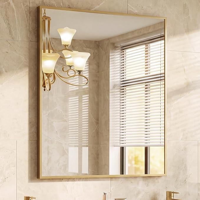 NEWBULIG 30" x 36" Gold Rectangle Bathroom Mirror for Wall, Morden Wall Mirror with Metal Frame, Tempered Glass, Vanity Mirror for Over Sink, Entryway, Living Room, Anti-Rust, Horizontal or Vertical
