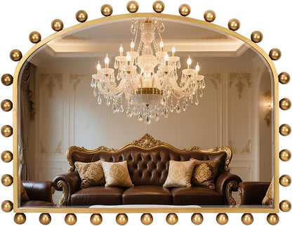 36"x28" Wide Arched Wall Mirror, Antique Gold Ball Frame with Beveled Glass, Large Horizontal Mantel Piece Over Fireplace or Above Sofa, Statement Metal Frame for Living Room