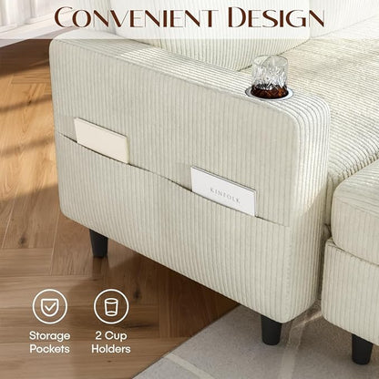Convertible Sectional Couches for Living Room, 3 Seats L Shaped Sofa with Storage Ottoman and 2 Cup Holders, Modern Corduroy Couch Small Sofas for Small Space Apartment Office, Beige