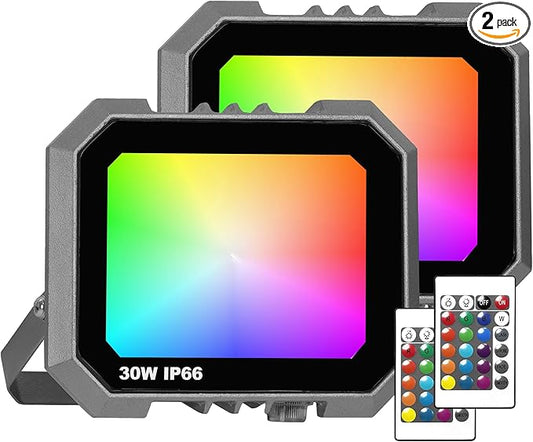 Leddictive 2 Pack RGB LED Flood Light 30W, 300W Equivalent 3000 LM Outdoor Landscape Flood Lights with 2 Remote, IP66 Waterproof Outdoor Light for Christmas Party Stage Uplight Wall Wash