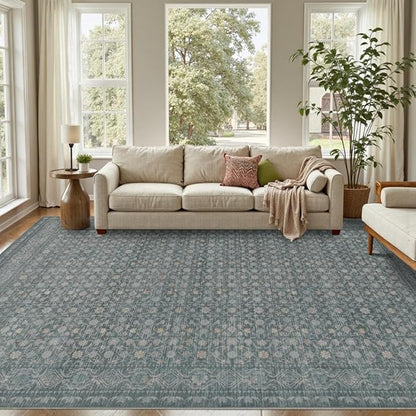 8x10 Washable Area Rug for Living Room, Extra Large Vintage Boho Rugs for Dining Room, Kids Room, Farmhouse, Durable Low Pile Non Slip Carpet for High Traffic Areas, Soft Blue