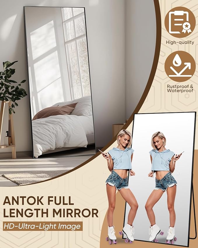 Antok Full Length Mirror, 71"x26" Floor Mirror, Floor Standing Freestanding Full Body Mirror with Stand for Bedroom, Hanging Mounted for Living Room Cloakroom, Black