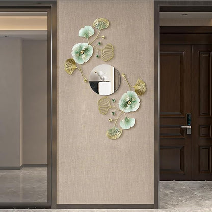Tandefio 3 Pcs Metal Decorative Wall Mirrors for Living Room Metal Ginkgo Leaf Mirror Modern Creative Wall Decor Art Hanging Decor Mirror for Entrance Bedroom Living Room (Gold Green,16.inches)