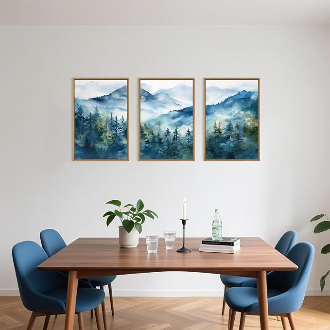Blue Ridge Mountains Forest Framed Canvas Wall Art Set, Natural Landscape Wall Decor, Green Pine Trees Wall Painting, Woodland Artworks for Living Room, Bedroom, Dining Room-24"x36"x3