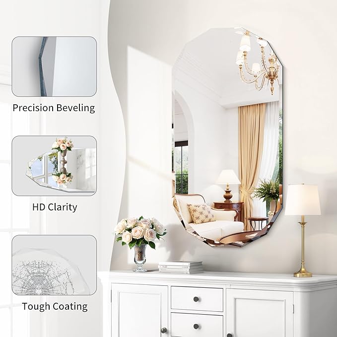 GLASHOM Frameless Bathroom Mirror, 20" x 40" Beveled Oval Wall Mirror for Over Sink, 20 Inch Modern Decorative Vanity Mirror for Bedroom, Living Room, Entryway, Hanging Mirror Horizontal or Vertical