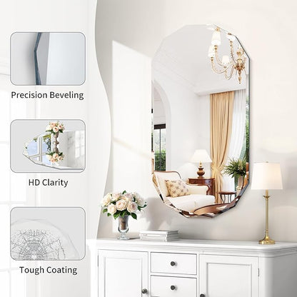 GLASHOM Frameless Bathroom Mirror, 20" x 40" Beveled Oval Wall Mirror for Over Sink, 20 Inch Modern Decorative Vanity Mirror for Bedroom, Living Room, Entryway, Hanging Mirror Horizontal or Vertical