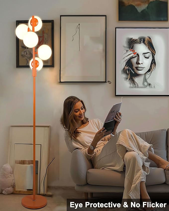 Lightdot 5-Globe Dimmable Globe Floor Lamp Orange Retro Standing Lamps with 5Pcs Bulbs Included Brightness Adjustable Mid Century Modern Floor Lamp with 5Lbs Heavy Base for Living Room/Sofa Beside