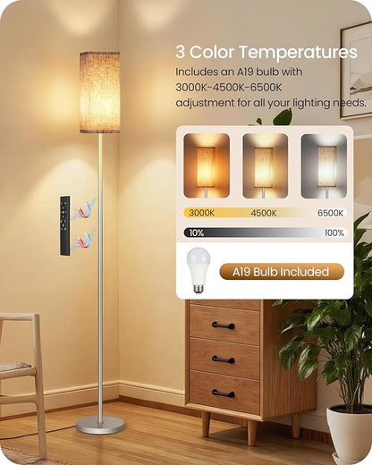 64.2'' Dimmable Floor Lamp for Living Room with Remote and Foot Switch, Corner Floor Lamp for Bedroom, Includes 10W A19 Bulb, Modern Standing Tall Lamp, ETL Listed Silver and Beige SE17LD05
