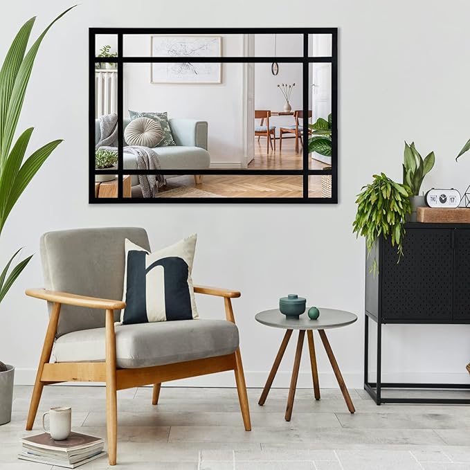 HQiJun Black Rectangle Mirror, Farmhouse Decorative Wall Mirror for Entryway, Living Room, Bedroom, Hallway, Fireplace, Accent Wall Decor (Black1, 34" x 24")
