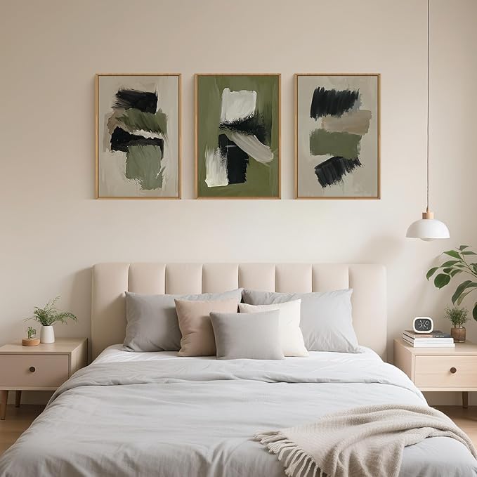 Green Abstract Framed Canvas Wall Art Set, Modern Brush Strokes Wall Decor,Neutral Tone Minimalist Green and Black Color Block Art Print for Living Room,Bedroom,Dining Room, Office-24 x36 x3