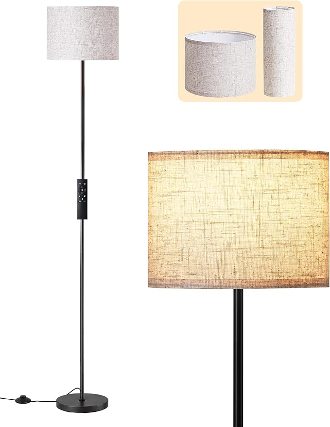 EDISHINE Upgraded Floor Lamps with 2 Lampshades, 63.7" Modern Standing Lamp with Foot Switch and Remote Control, Stepless Dimmable Minimalist Lamps for Bedroom, Office, (9W LED Bulb Included), Black