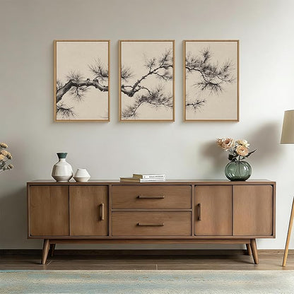 HPNIUB Vintage Sketch Pine Tree Framed Canvas Wall Art Set, Brown Antique Tree Branch Wall Decor, Nature Botanical Art Print, Modern landscape Pictures for Living Room, Bedroom, Office- 16 x24 x3