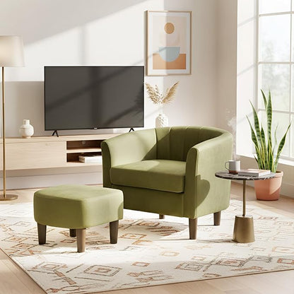 FDW Velvet Barrel Accent Chair with Ottoman, Modern Armchair with Ottoman Set, Comfortable Reading Chair for Living Room, Bedroom & Apartment Lounge, Green