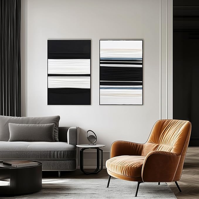 Textured Abstract Fabric Wall Art 3D Canvas Black and White Decor - Dimensional Minimalist Drape Modern Contemporary Living Room Bedroom Office Decor, Framed Set of 2-24"x36" Each - Ready to Hang