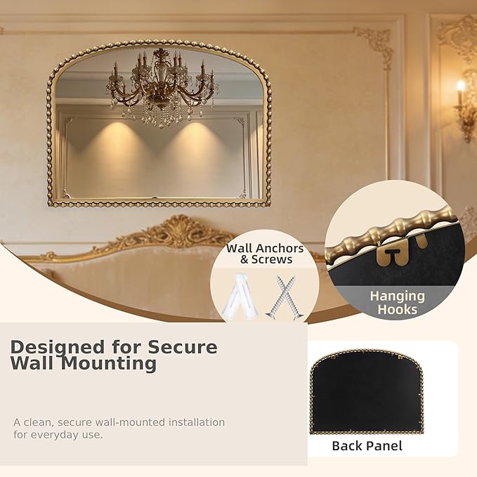 40x30 Inch Wide Arch Wall Mirror, Antique Gold Beaded Frame, Large Horizontal Mantel Mirror for Fireplace, Living Room or Sofa Wall, Decorative Wall Mounted Mirror