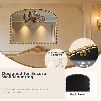 40x30 Inch Wide Arch Wall Mirror, Antique Gold Beaded Frame, Large Horizontal Mantel Mirror for Fireplace, Living Room or Sofa Wall, Decorative Wall Mounted Mirror
