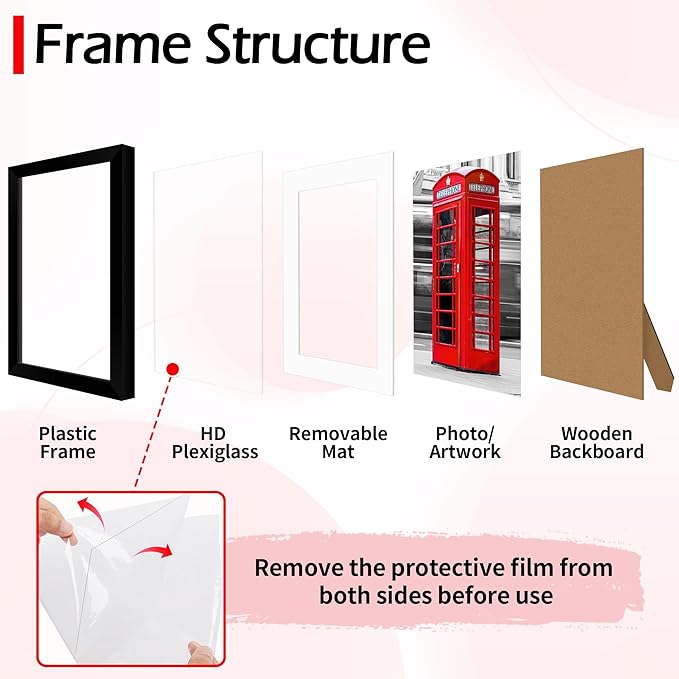 6x8 Picture Frame, Black Photo Frame for Tabletop or Wall Display, Display Pictures 5x7 with Mat or 6x8 Without, Frame Collage with HD Plexiglass for Wall Gallery Decor, 2 Pack with Gadget