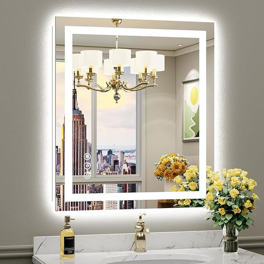Briivue 28x32 Inch LED Bathroom Mirror with Lights, Backlit & Front Lit, Anti-Fog Lighted Bathroom Vanity Mirror for Wall, Memory Function, Dimmable, HD Tempered Glass, Shatter-Proof