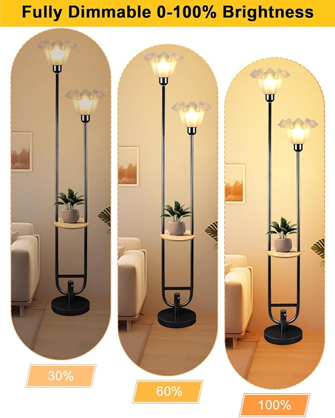 Dimmable Flower Floor Lamps with Table, 2-Lights Floral Floor Lamp, 3000K Warmwhite Modern Floor Lamp, Vintage Black Standing Lamp with 5Lbs Heavy Base for Living Room Bedroom