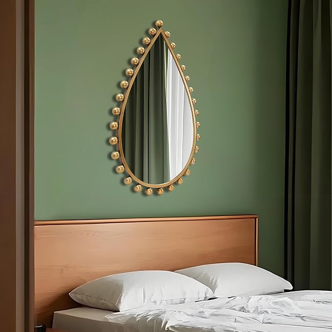 Antique Gold Teardrop Mirror Unique with Ball Frame – 24"x36" Beaded Large Decorative Ornate Wall Mirror for Bathroom, Bedroom, Living Room, Hallway