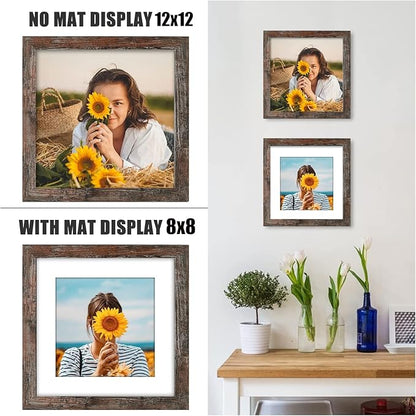12x12 Picture Frame Rustic Brown Wood Set of 6,Display Square Pictures 8x8 with Mat or 12x12 Without Mat,Multi Photo Frames Collage for Wall - Gallery Wall Frame Set