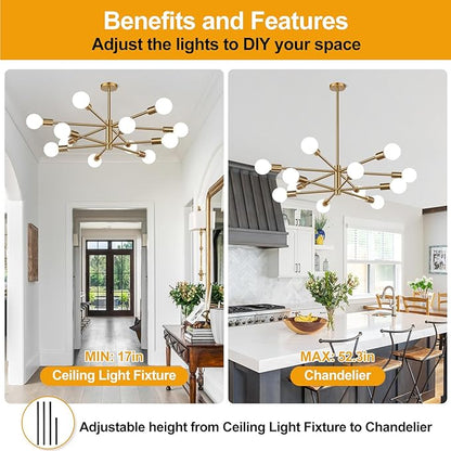 10.9"-52.3" Height Adjustable Sputnik Chandeliers Dining Room Light Fixture (12-Light, 33-Inch), Modern Brushed Brass Chandelier, Mid Century Modern Chandeliers for Dining Room (Bulbs not Included)