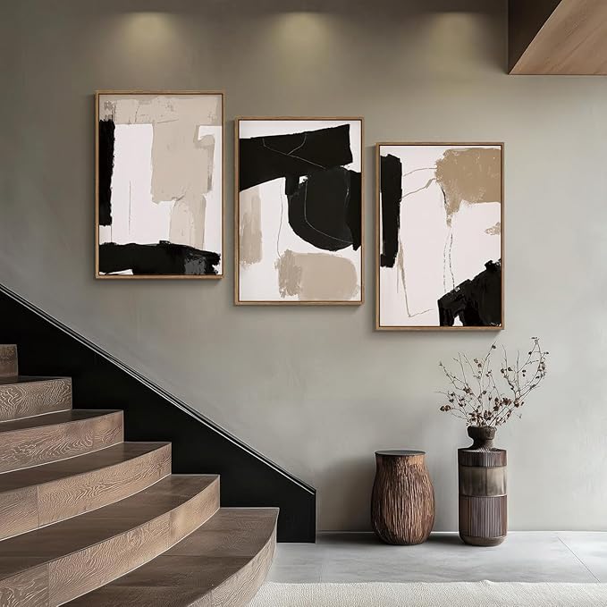myusuar 3 Piece Large Modern Abstract Canvas Framed Wall Art For Living Room, Black And Beige Blocks Minimalist Wall Art Decor Posters Prints For Bedroom Office, 24x36in