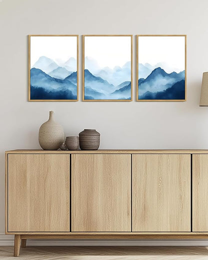Drsoum Blue Fog Mountains Landscape Wall Art Framed Vintage Nature Misty Nordic Prints Ink Wash Watercolor Boho Farmhouse Rustic Artwork Hallway Bedroom Ready to Hang 12x16in Natural Framed