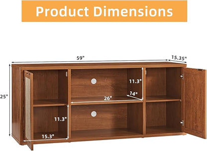LEYAOYAO Rattan TV Stands for Living Room, Boho TV Cabinet with Storage and Open Shelf, Rustic Wood Entertainment Center, Media Console for 50-65 Inch TV, Tea Brown
