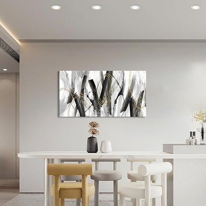 AJAZIKO Black and Gold Modern Wall Art - Large Abstract Wall Art Decor for Living Room, Bedroom, Office - Elegant Black and White Painting for Stylish Home Decor