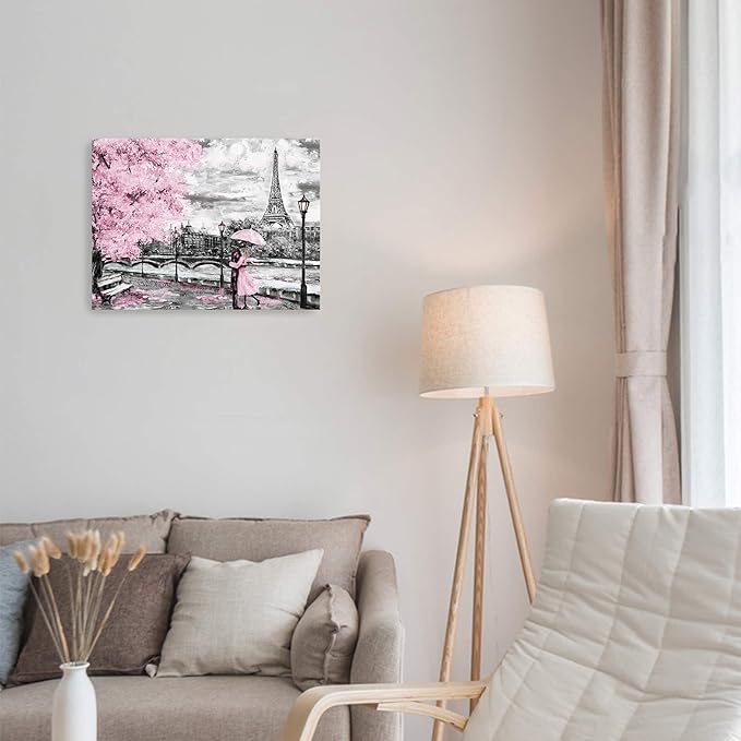 Paris Decor for Bedroom Canvas Wall Art Pink Theme Girls Room Wall Decor Black and White Eiffel Tower Pictures for Bathroom Wall Decor Modern Artwork for Wall Art Framed Wall Decoration Size 12x16