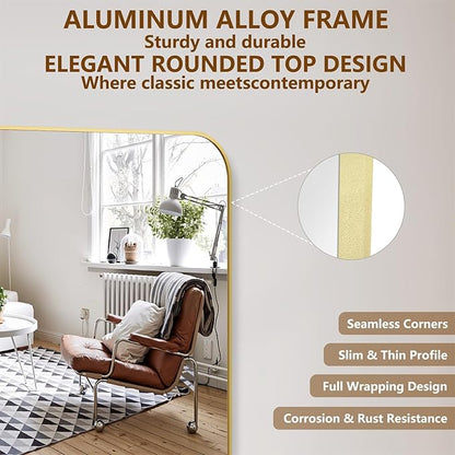 Koonmi Full Length Mirror, 86"x40" Mirror Full Length with Stand, Gold Domed Top Square-Edged Floor Mirror with Aluminum Alloy Frame for Bedroom Living Room
