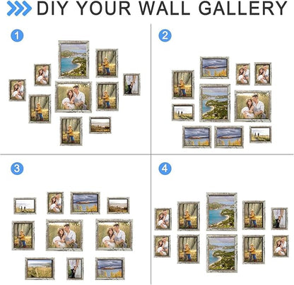 Picture Frames Collage Wall Decor, 10 PCS Picture Frames Including 8x10, 5x7, 4x6, Gallery Wall Frame Set for Wall Mounting or Tabletop Display, Family Photo Frames, Rustic White