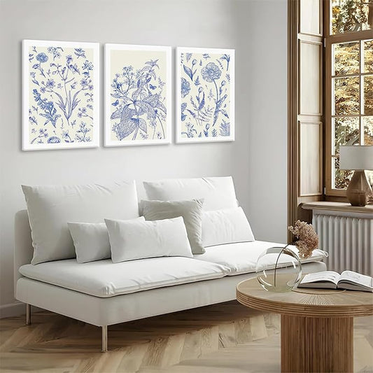 LYPHNX Framed Blue White Chinoiserie Floral Canvas Wall Art Navy Watercolor Flower Painting Posters Set of 3 Minimalist Botanical Wildflower Prints Picture Home Decor for Bedroom Living room 12"x16"