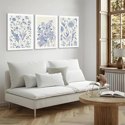LYPHNX Framed Blue White Chinoiserie Floral Canvas Wall Art Navy Watercolor Flower Painting Posters Set of 3 Minimalist Botanical Wildflower Prints Picture Home Decor for Bedroom Living room 16"x24"