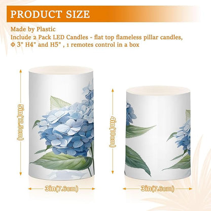 ALAZA Blue Hydrangea Flowers Flickering Flameless Candles Battery Operated with Remote Timer,Tea Light Candles LED Pillar Votive Candles Set of 2 for Outdoor Indoor Decorations