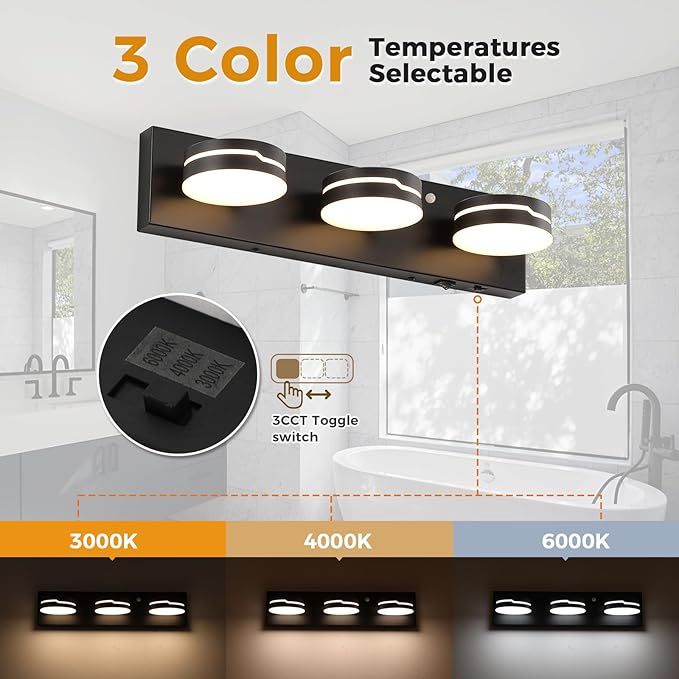 LED Modern Bathroom Lights Fixtures 3-Light Motion Sensor Vanity Light Matte Black Acrylic Wall Lighting,3CCT Vanity lamp for Bathroom Over Mirror with 350°Rotatable Acrylic Heads