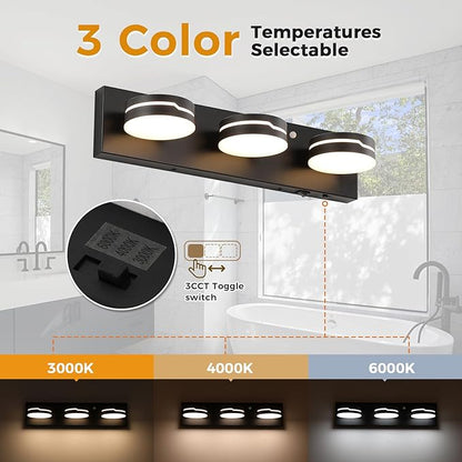 LED Modern Bathroom Lights Fixtures 3-Light Motion Sensor Vanity Light Matte Black Acrylic Wall Lighting,3CCT Vanity lamp for Bathroom Over Mirror with 350°Rotatable Acrylic Heads
