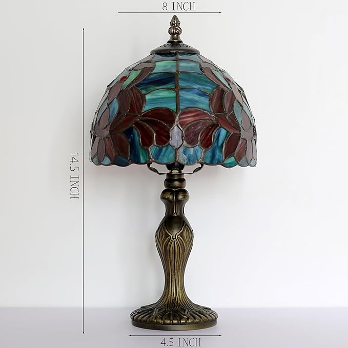 Tiffany Style Lamp Stained Glass Table Lamp 8 x 14.5 Mini Accent Light Lotus Design Small Decorative Bedside Memory Lamp