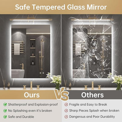 LOVESPEJO 22"x30" Backlit Mirror Bathroom, Lighted Bathroom Mirror with Lights, Fogless, Dimmable, 3 Color Changing, Shatterproof, Horizontal/Vertical（no Motion Sensor）