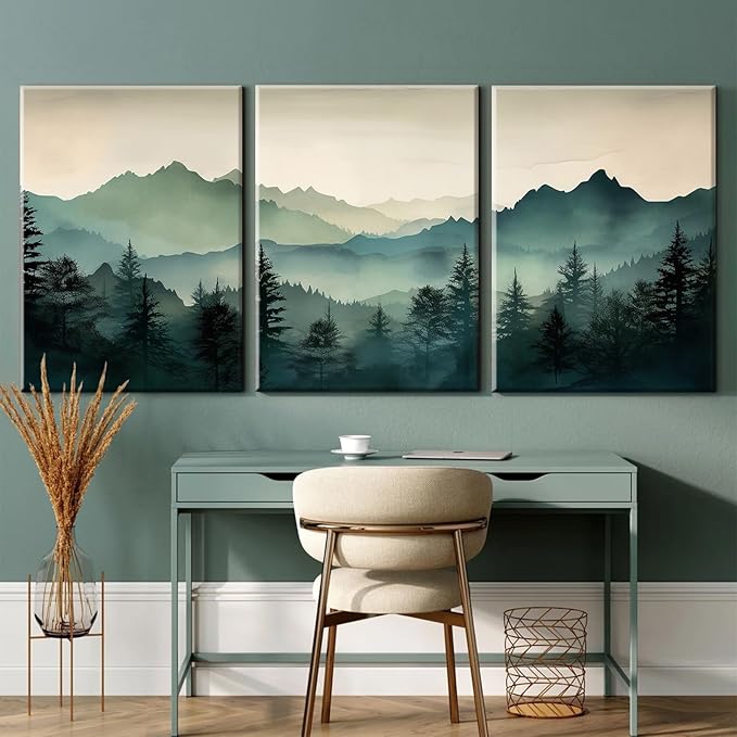 Mountain Wall Art Decor Set of 3 Sage Green Forest Canvas Wall Art Prints Nature Landscape Wall Decor Watercolor Pine Tree Pictures Abstract Modern Painting for Living Room Bedroom 24x36 Inch Framed