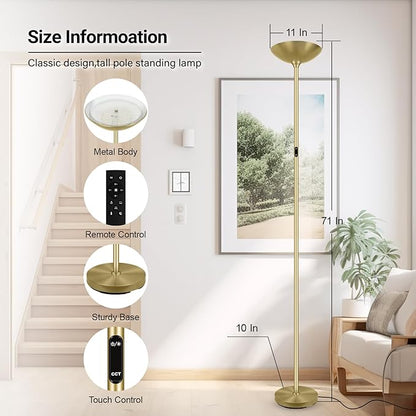 BoostArea Dimmable Floor Lamp,30W 3000LM Super Bright LED Torchiere Standing Lamp with Remote & Touch Control,71 in Tall Pole Sky Modern Floor Lamps for Living Room Bedroom Office,2700k-6500k,Gold