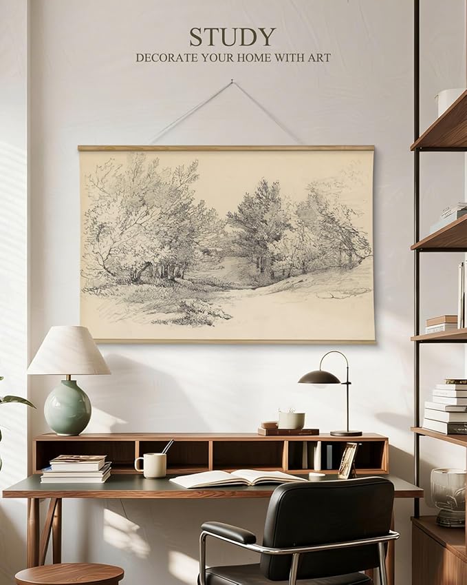 ARPEOTCY Extra Large Vintage Framed Wall Art, 36x54 Inch Sketch Forest Landscape Hanging Canvas Prints, Scroll Wall Decor for Living Room Bedroom, Retro Scenery Pictures Above of Bed